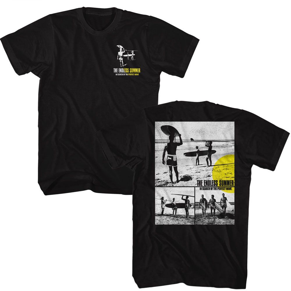 Black Bruce Brown Films t-shirt featuring Bruce Brown black and white surfer photos front and back design