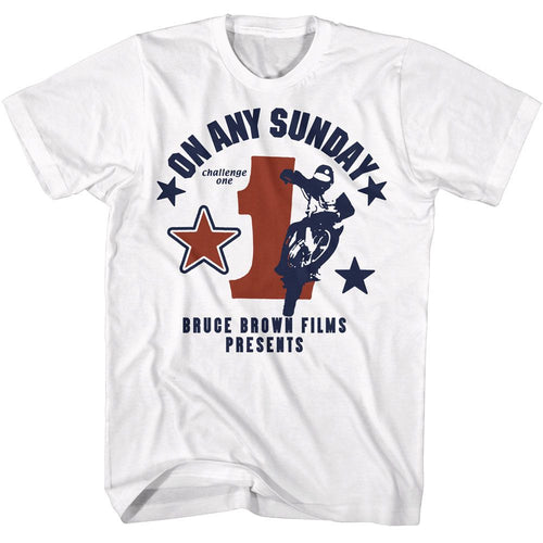 White Bruce Brown Films t-shirt featuring Bruce Brown Challenge One motorcycle design