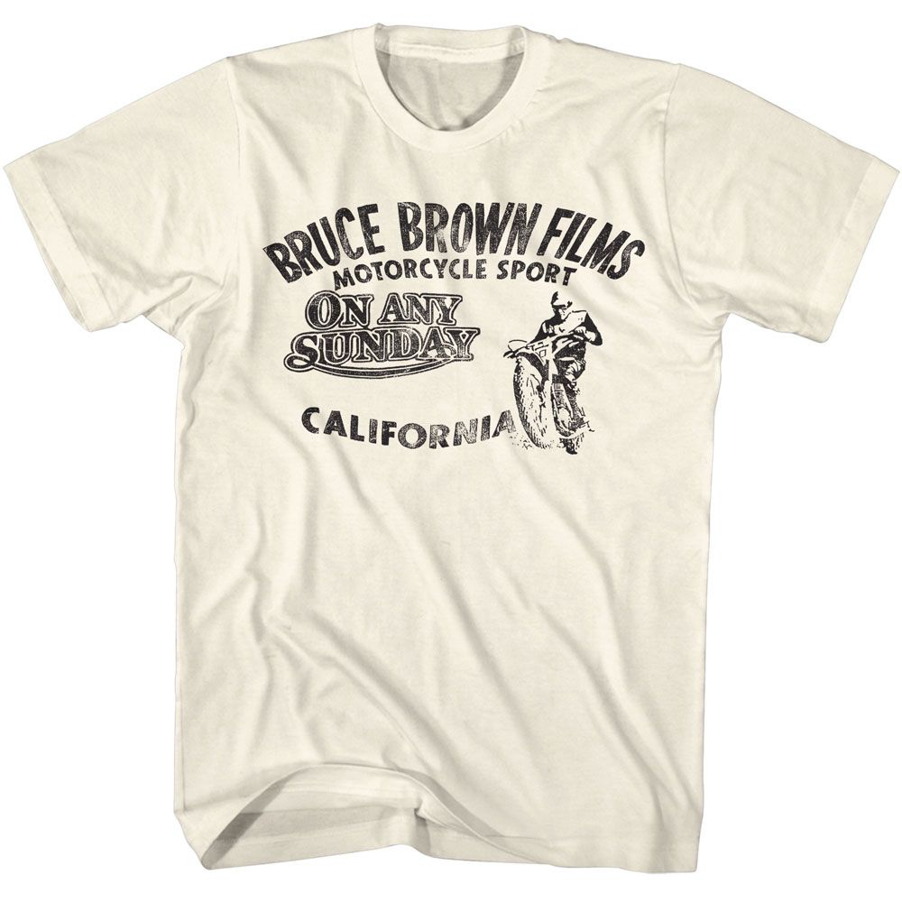 Natural Bruce Brown Films t-shirt featuring Bruce Brown Challenge One motorcycle design