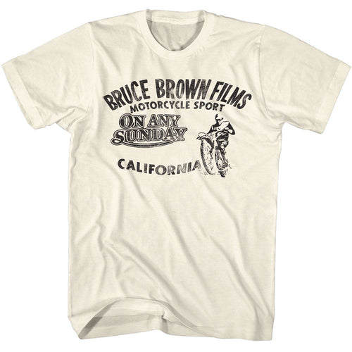 Natural Bruce Brown Films t-shirt featuring Bruce Brown Challenge One motorcycle design
