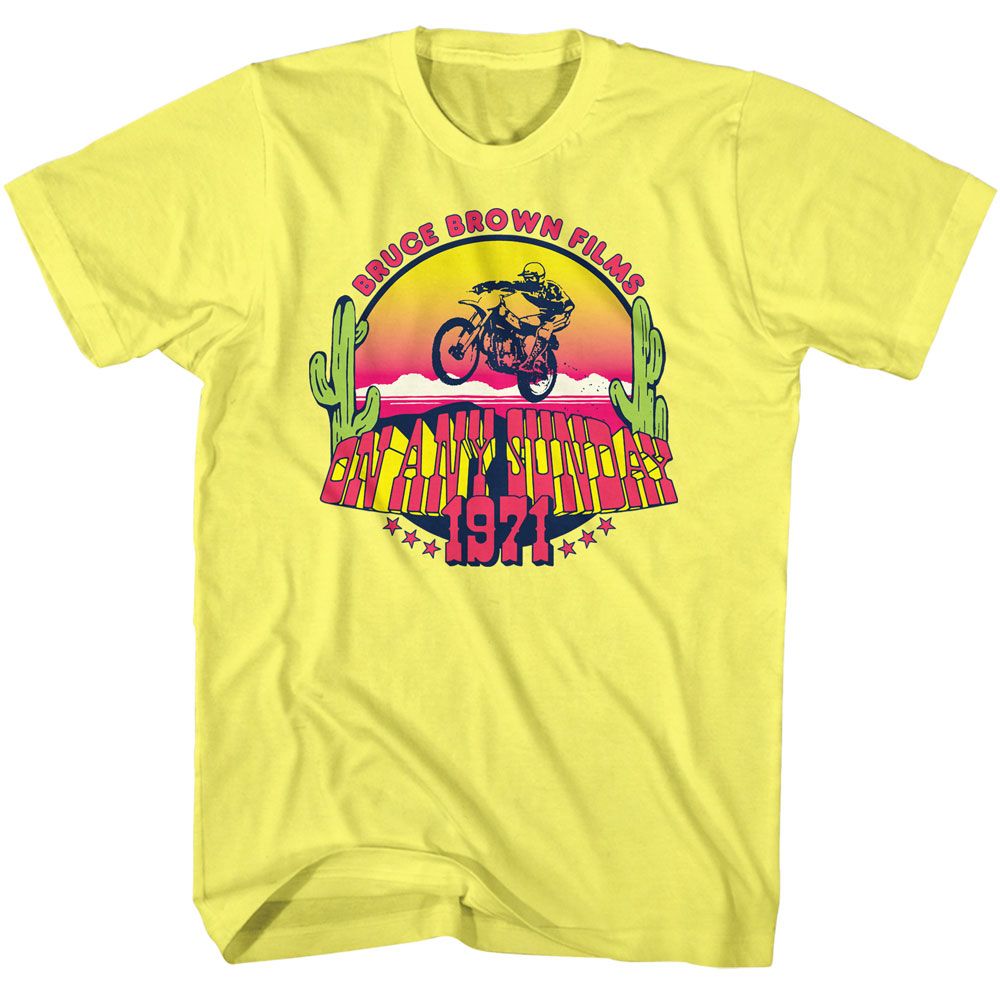 Yellow heather Bruce Brown Films t-shirt featuring Bruce Brown Colorful On Any Sunday design