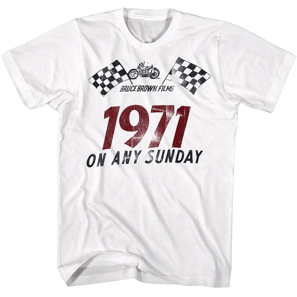 White Bruce Brown Films t-shirt featuring Bruce Brown 1971 On Any Sunday design