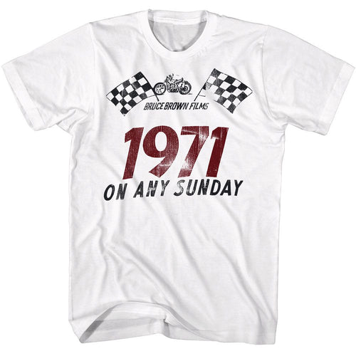 White Bruce Brown Films t-shirt featuring Bruce Brown 1971 On Any Sunday design