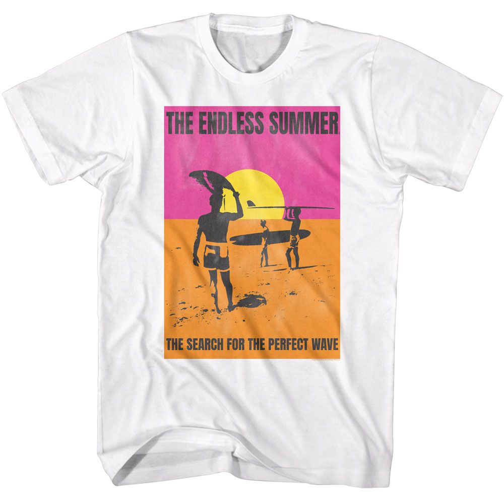 White Bruce Brown Films t-shirt featuring Bruce Brown Endless Summer poster design