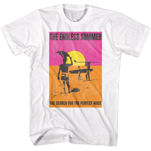 White Bruce Brown Films t-shirt featuring Bruce Brown Endless Summer poster design