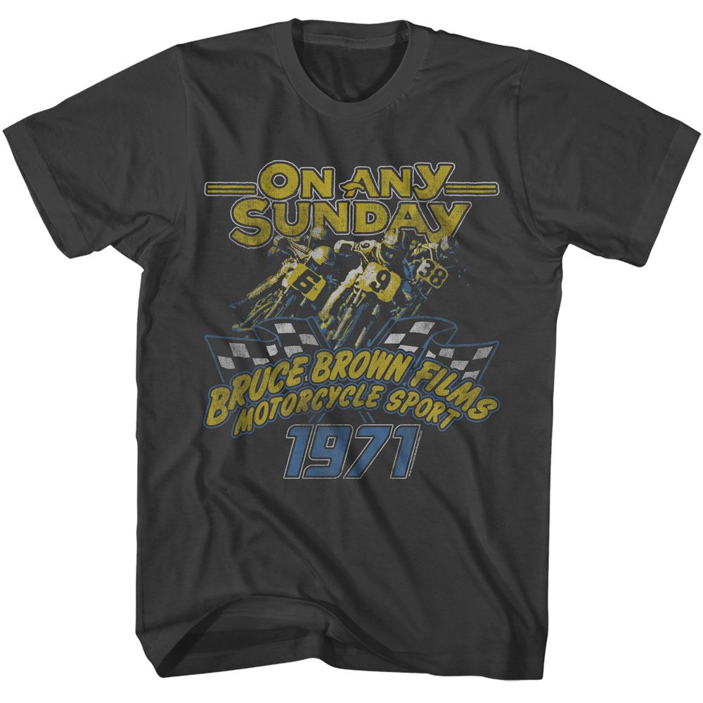 Smoke gray Bruce Brown Films t-shirt featuring Bruce Brown On Any Sunday 1971 motorcycle design