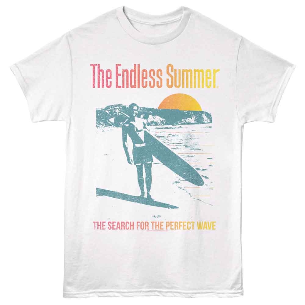 White Bruce Brown Films t-shirt featuring Bruce Brown Sunset And Teal surf design