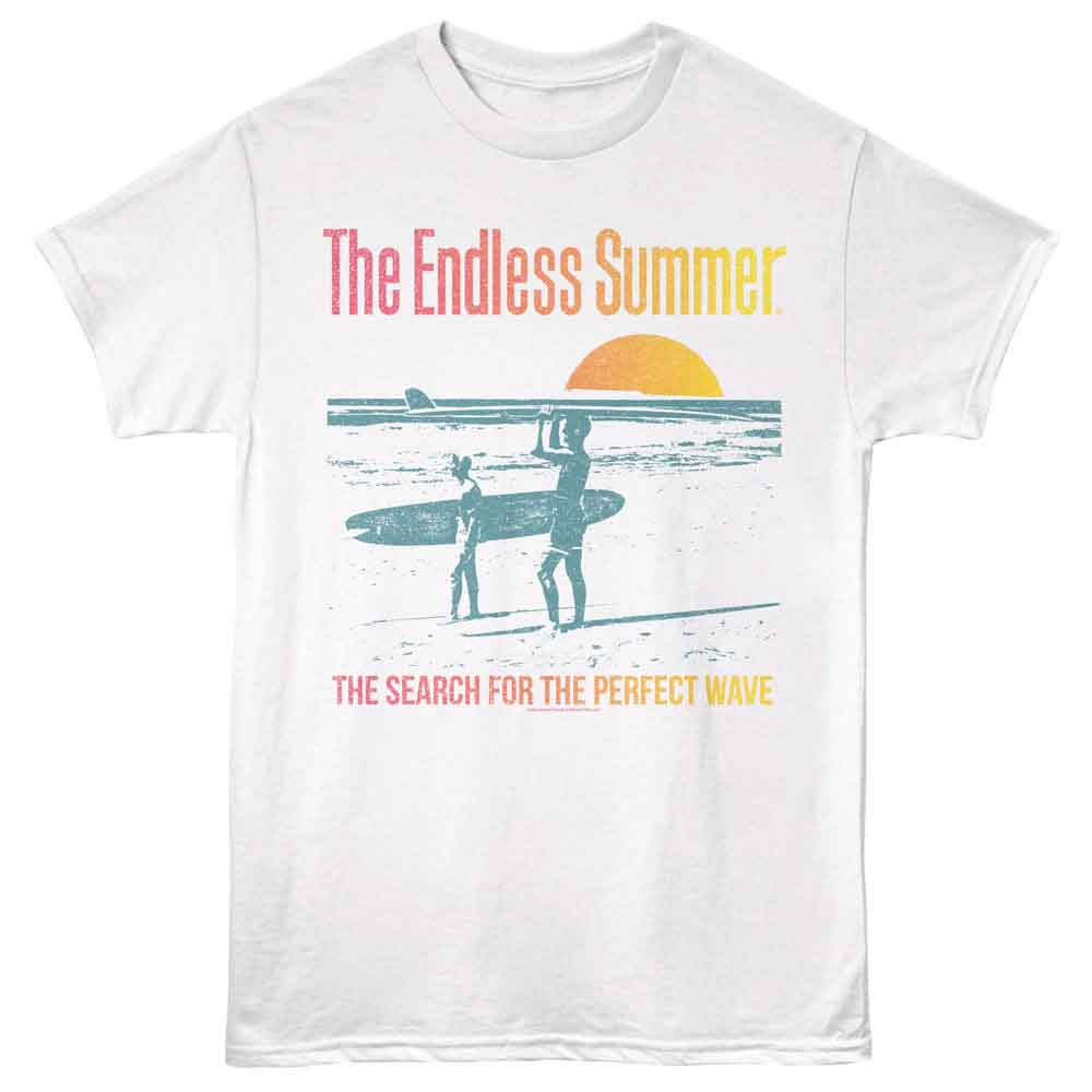 White Bruce Brown Films t-shirt featuring Bruce Brown Sunset And Teal 2 surf design