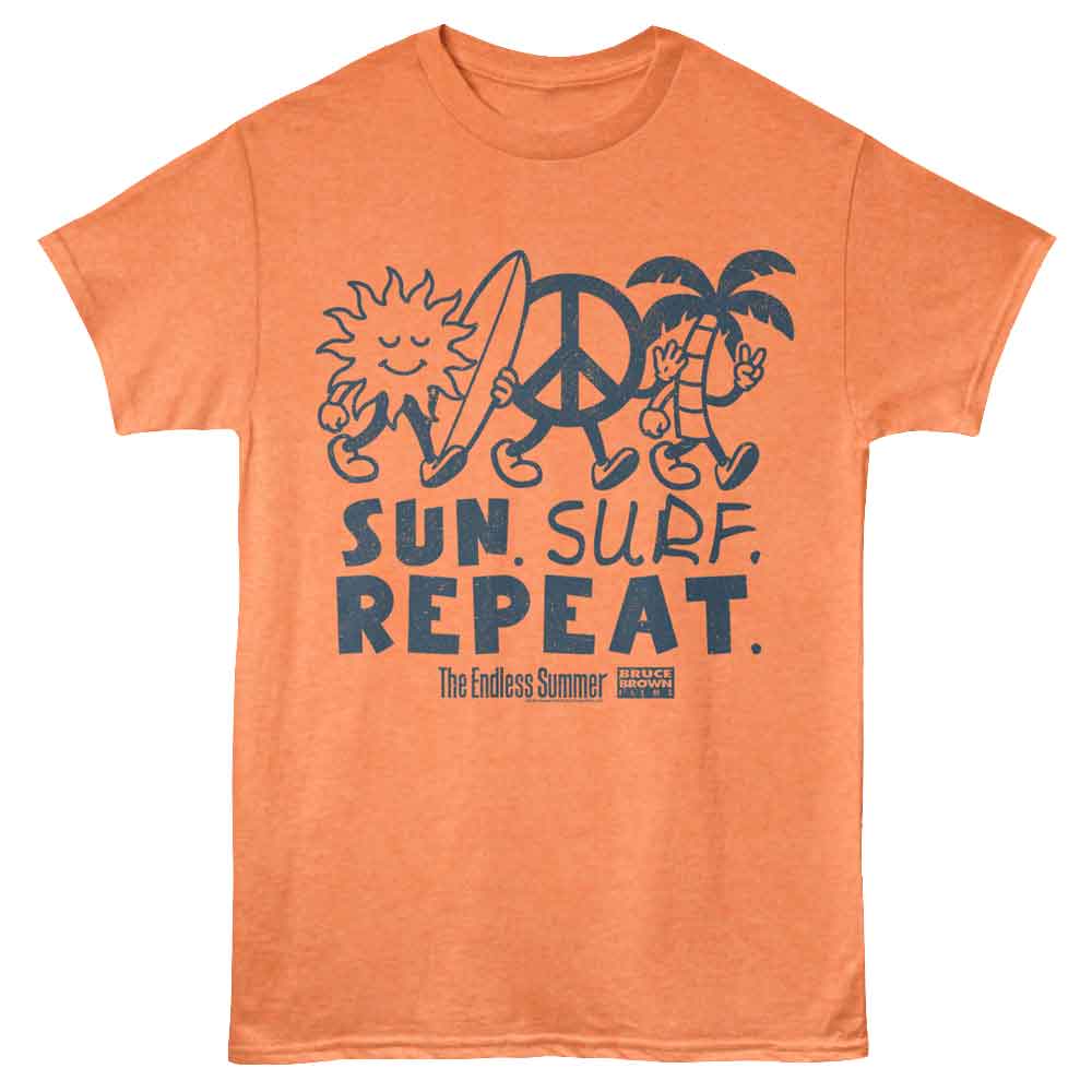 Cantaloupe orange Bruce Brown Films t-shirt featuring Bruce Brown Sun Surf Repeat design