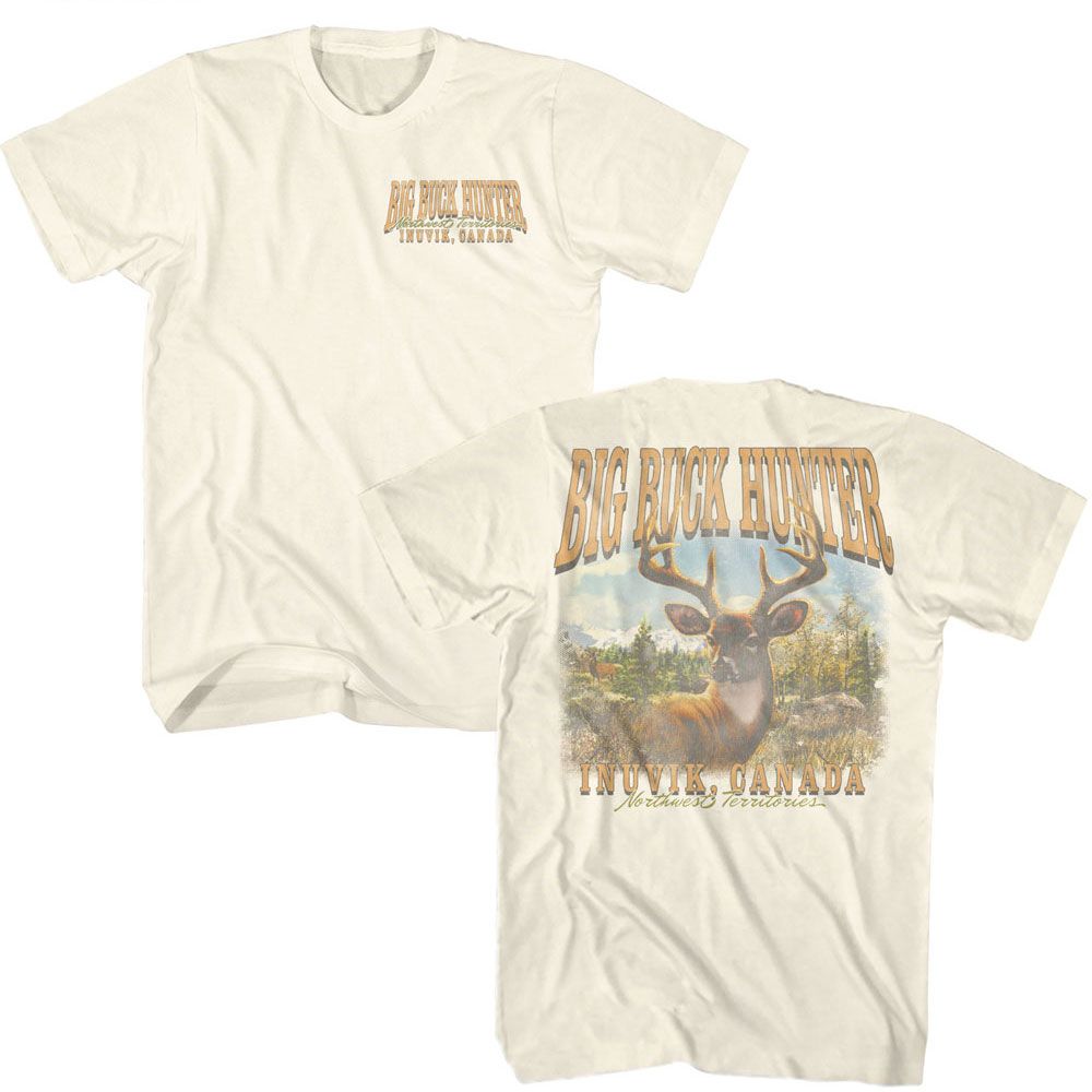 Natural Big Buck Hunter t-shirt featuring Big Buck Hunter Inuvik Canada front and back design