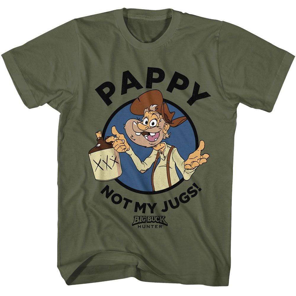 Military green Big Buck Hunter t-shirt featuring Big Buck Hunter Pappys Jugs design