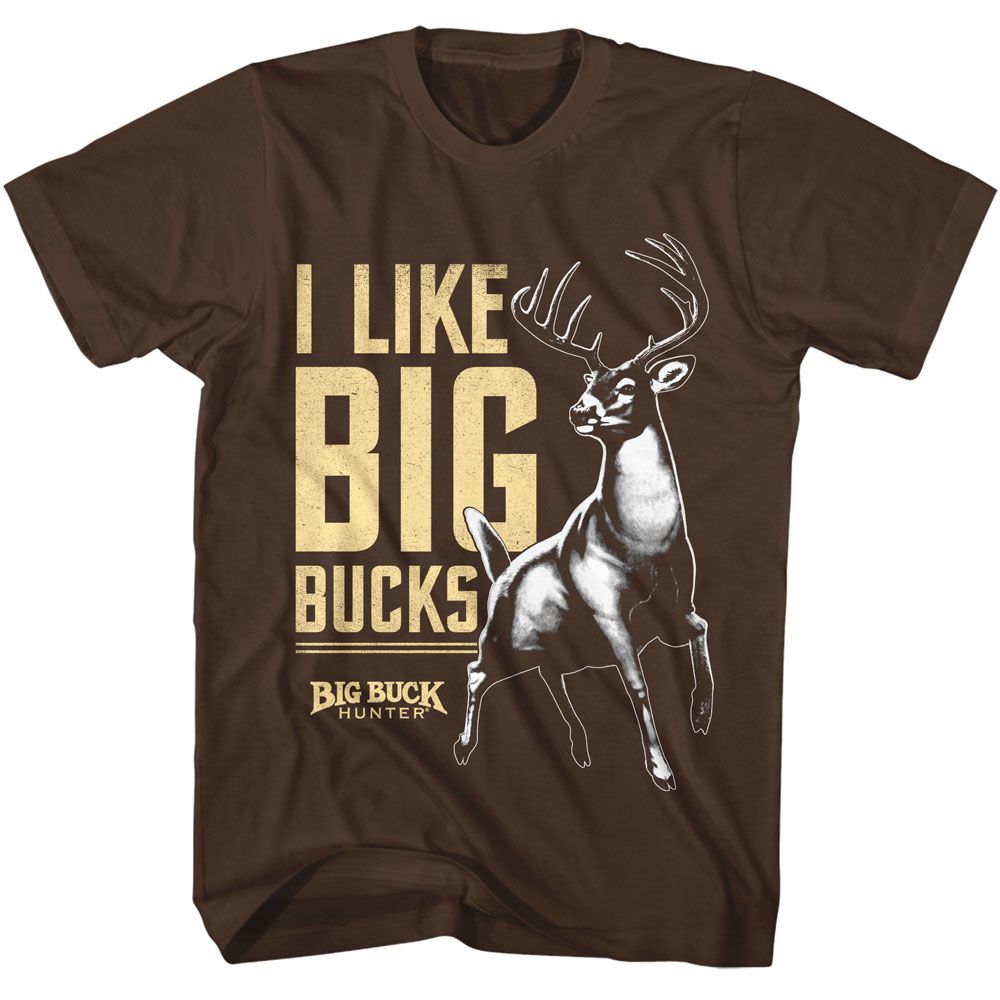 Dark chocolate brown Big Buck Hunter t-shirt featuring Big Buck Hunter I Like Big Bucks design
