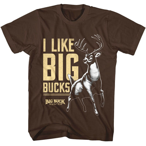 Dark chocolate brown Big Buck Hunter t-shirt featuring Big Buck Hunter I Like Big Bucks design