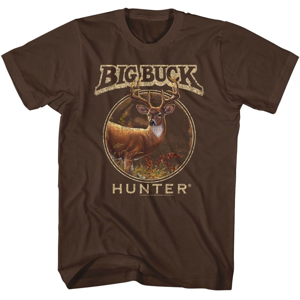 Dark chocolate brown Big Buck Hunter t-shirt featuring Big Buck Hunter circle emblem design