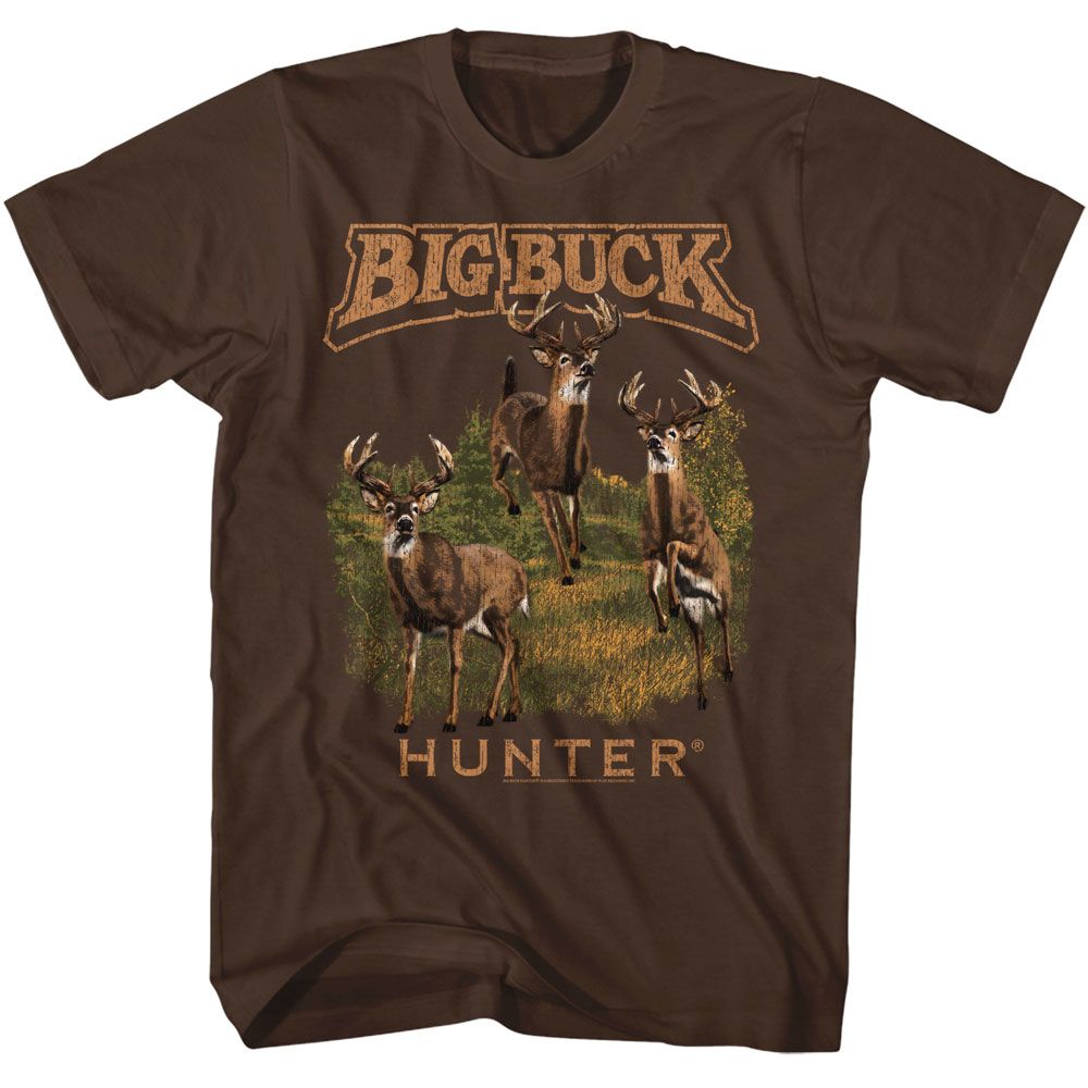 Dark chocolate brown Big Buck Hunter t-shirt featuring Big Buck Hunter Multiple Bucks design