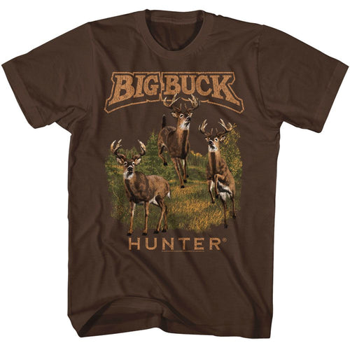 Dark chocolate brown Big Buck Hunter t-shirt featuring Big Buck Hunter Multiple Bucks design