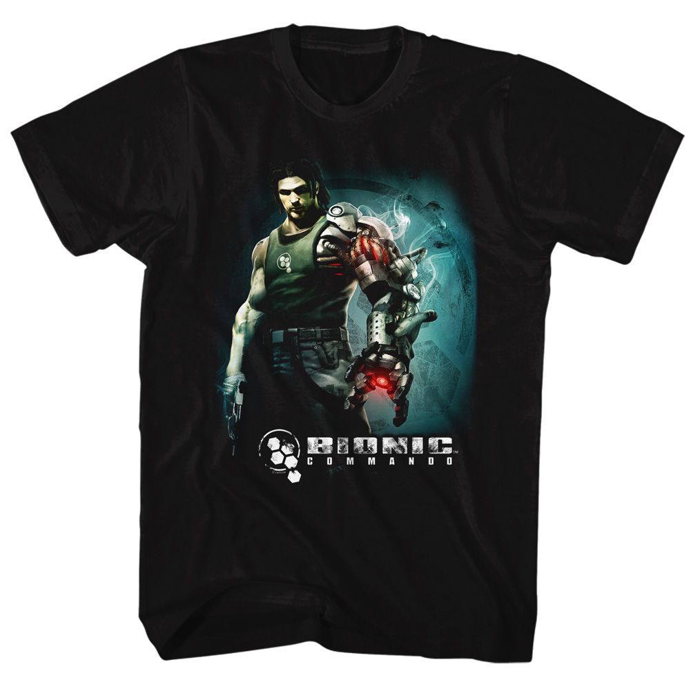 Black Bionic Commando t-shirt featuring Bionic Commando Steam Arm bionic grappling design