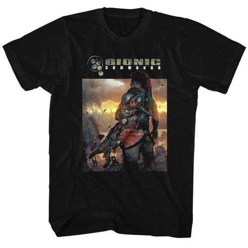 Black Bionic Commando t-shirt featuring Bionic Commando The World Burn design