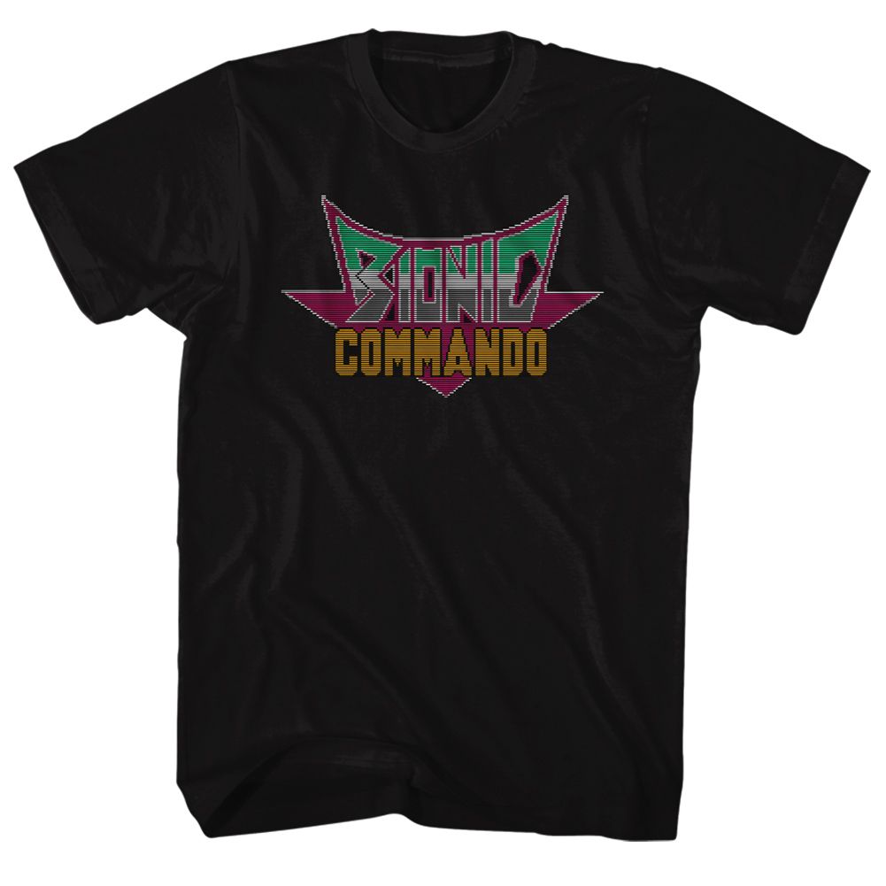 Black Bionic Commando t-shirt featuring Bionic Commando Pixel Logo retro 8-bit design