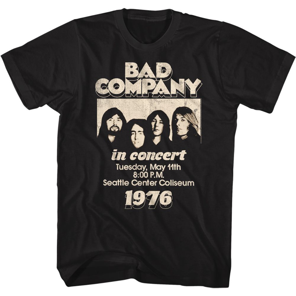 Black Bad Company t-shirt featuring Bad Company In Concert 1976 tour design