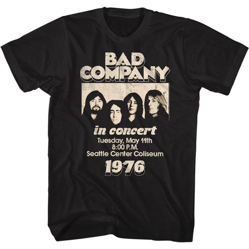 Black Bad Company t-shirt featuring Bad Company In Concert 1976 tour design