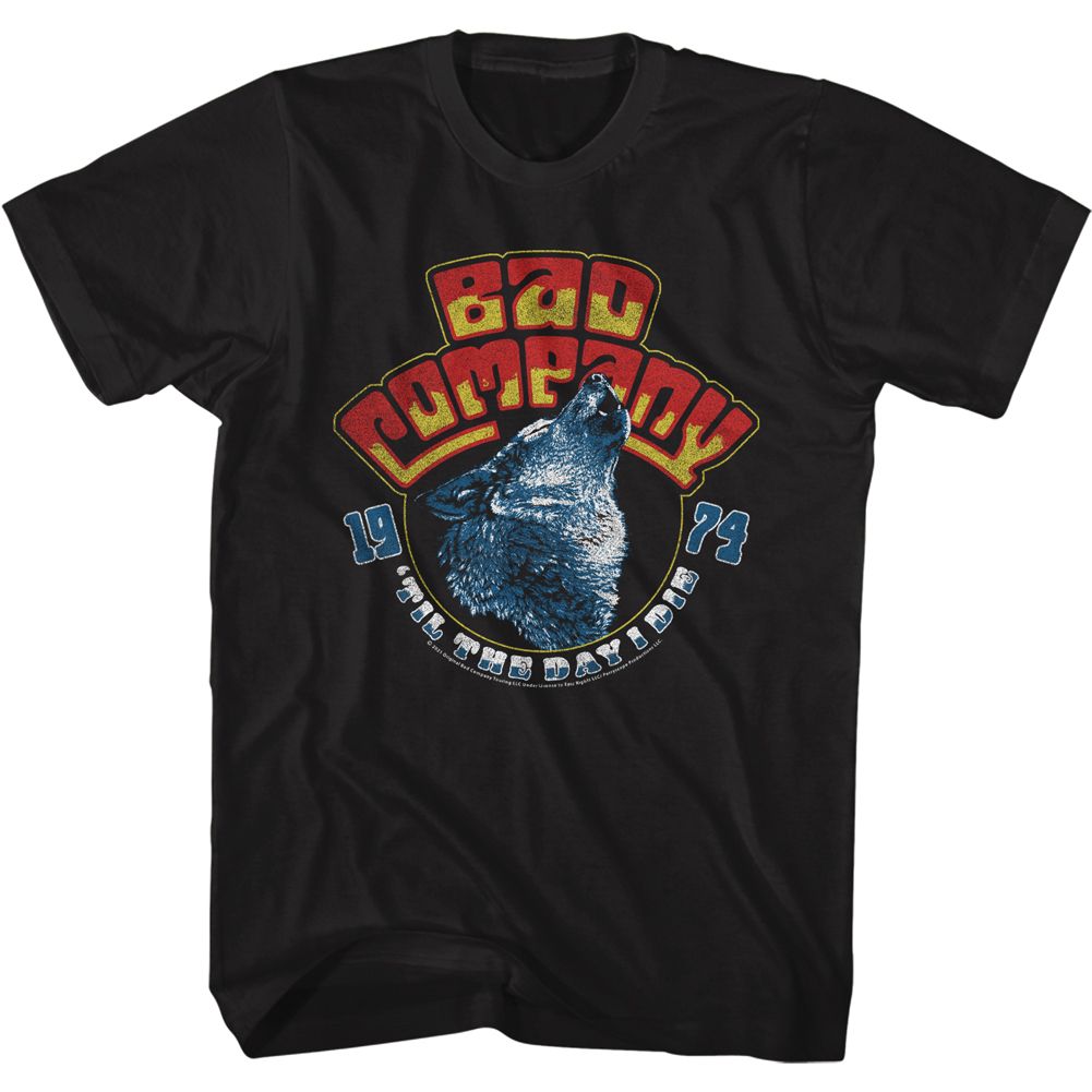 Black Bad Company t-shirt featuring Bad Company Wolf Head 1974 design