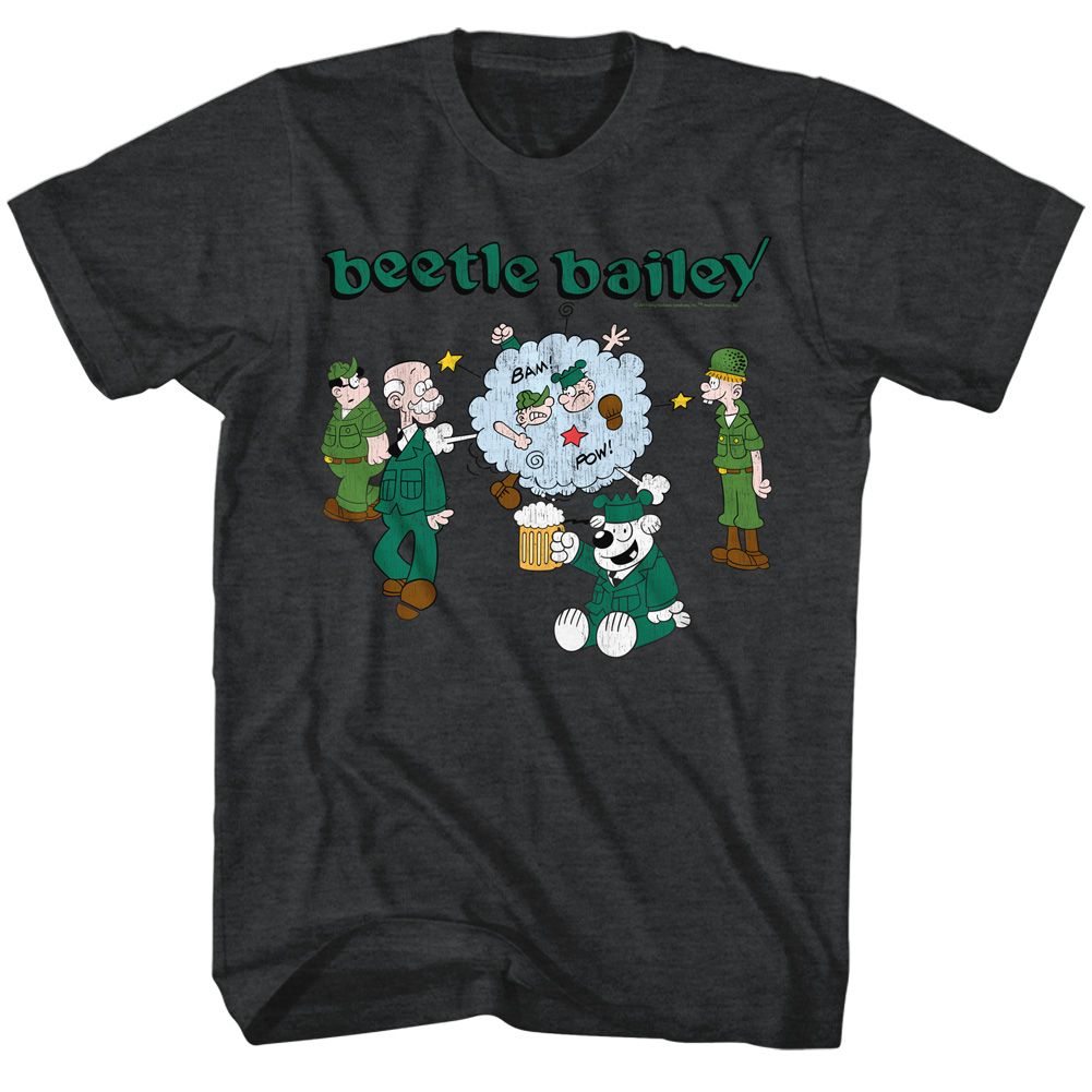 Black heather Beetle Bailey t-shirt featuring Beetle Bailey Brawl design