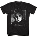 Black Bela Lugosi t-shirt featuring Bela Lugosi black and white photo and signature design