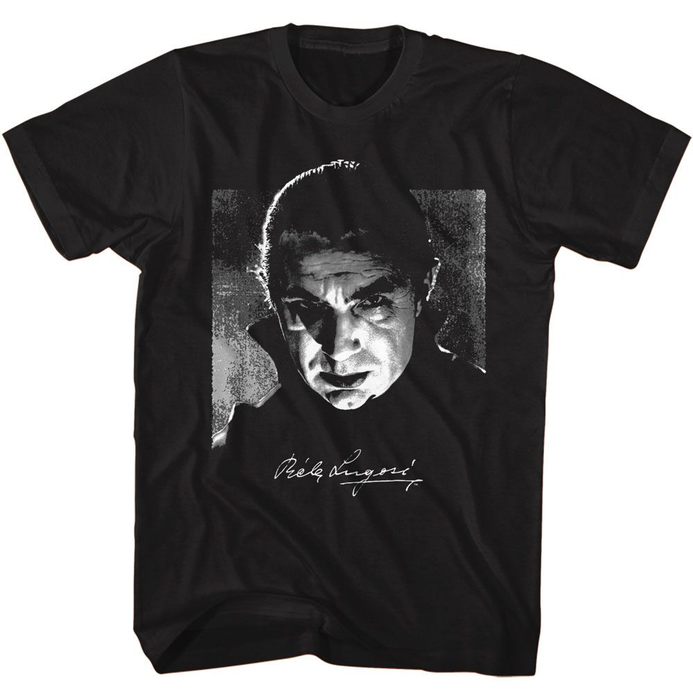 Black Bela Lugosi t-shirt featuring Bela Lugosi black and white photo and signature design