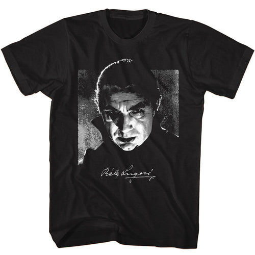 Black Bela Lugosi t-shirt featuring Bela Lugosi black and white photo and signature design