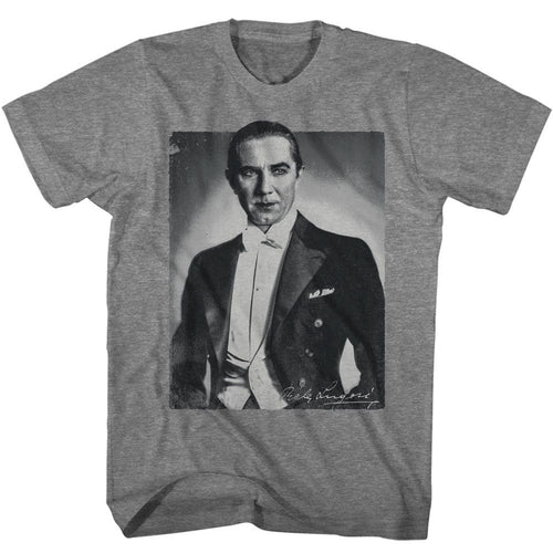 Graphite heather Bela Lugosi t-shirt featuring Bela Lugosi black and white portrait design