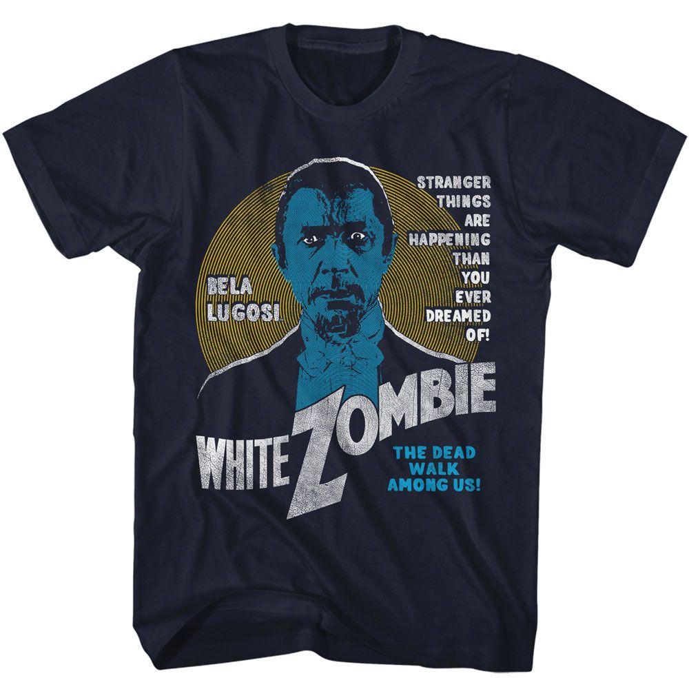 Navy Bela Lugosi t-shirt featuring Bela Lugosi White Zombie 1932 film design