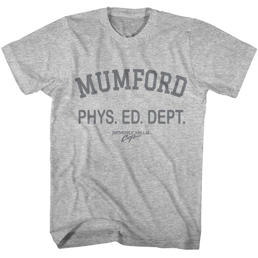 Gray heather Beverly Hills Cop t-shirt featuring Mumford Phys Ed Dept prop replica from Beverly Hills Cop
