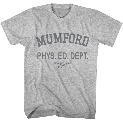 Gray heather Beverly Hills Cop t-shirt featuring Mumford Phys Ed Dept prop replica from Beverly Hills Cop