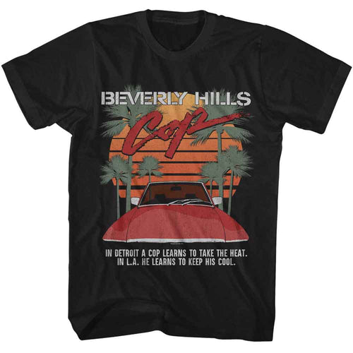 Black Beverly Hills Cop t-shirt featuring Beverly Hills Cop palms and sunset design