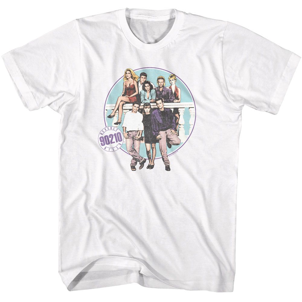 White Beverly Hills 90210 t-shirt featuring Beverly Hills 90210 cast on iconic balcony shot