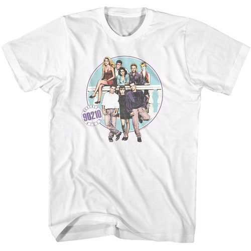 White Beverly Hills 90210 t-shirt featuring Beverly Hills 90210 cast on iconic balcony shot
