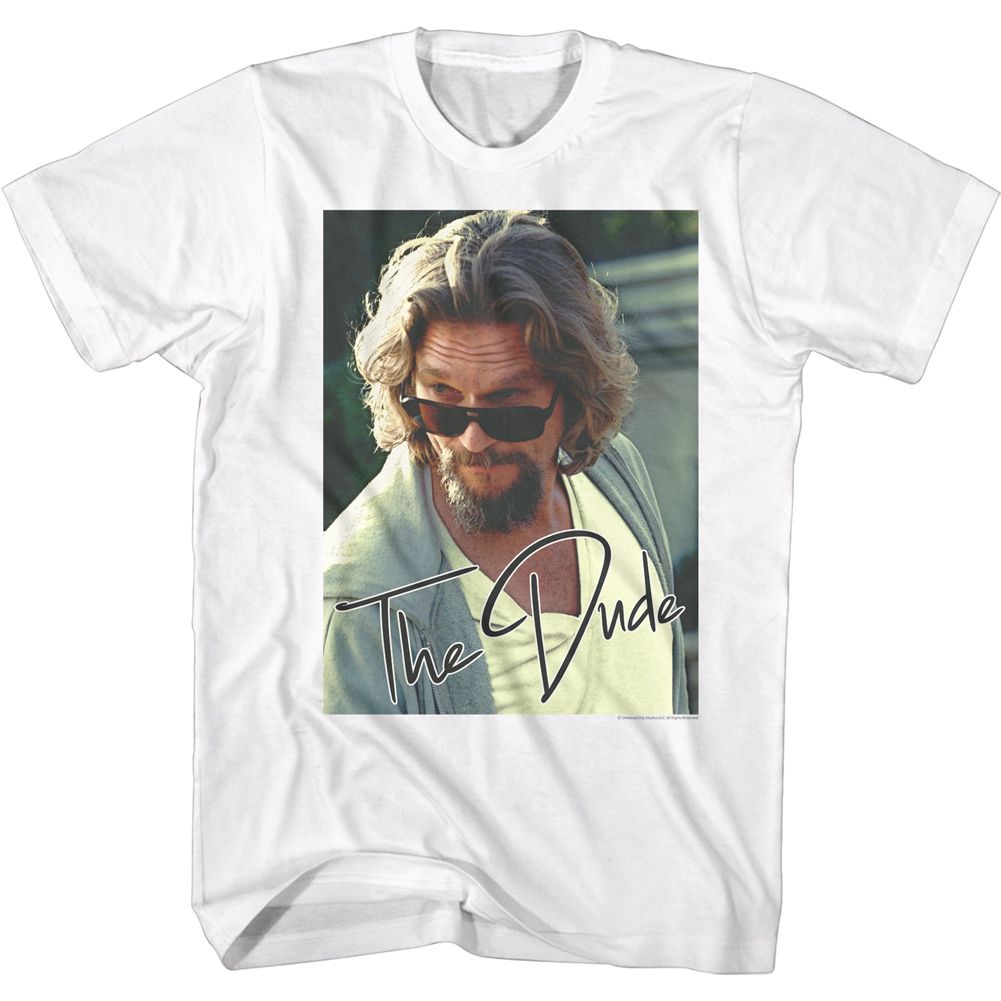 White The Big Lebowski t-shirt featuring The Dude character from The Big Lebowski