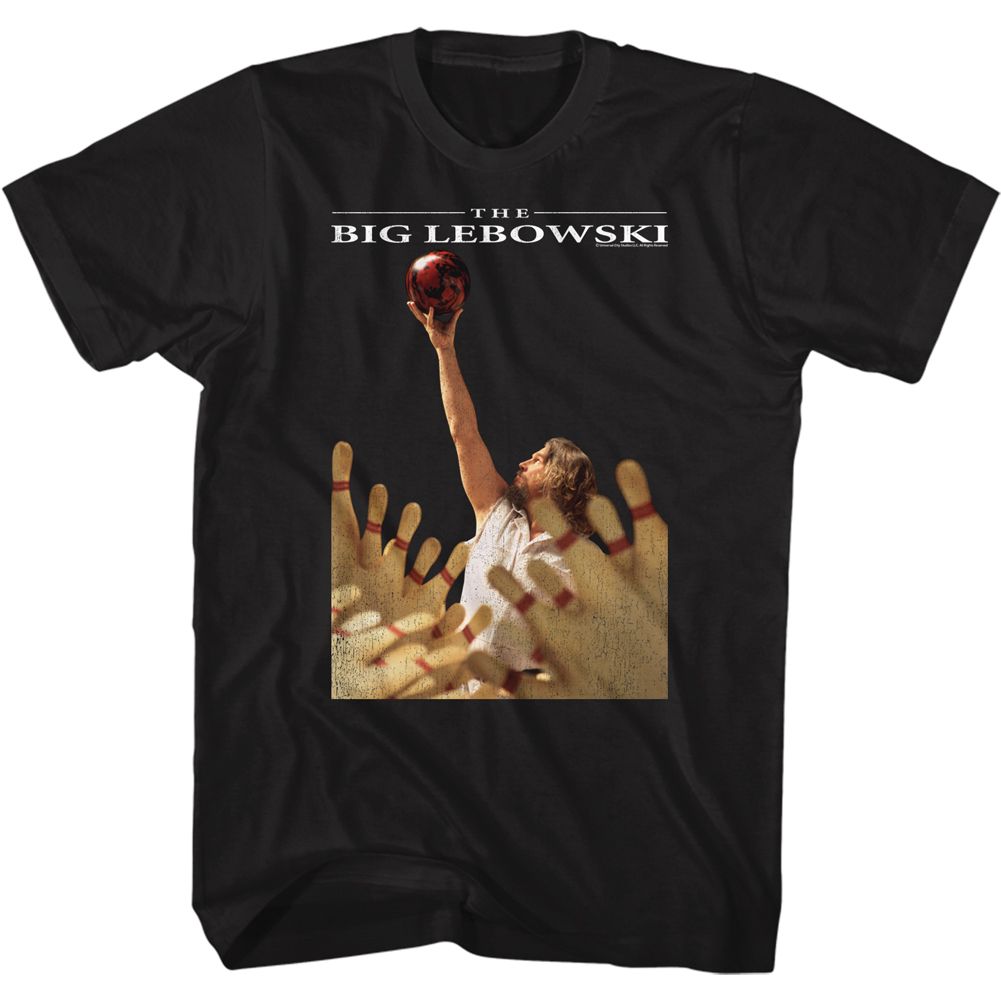 Black The Big Lebowski t-shirt featuring Ball lift bowling shot from The Big Lebowski