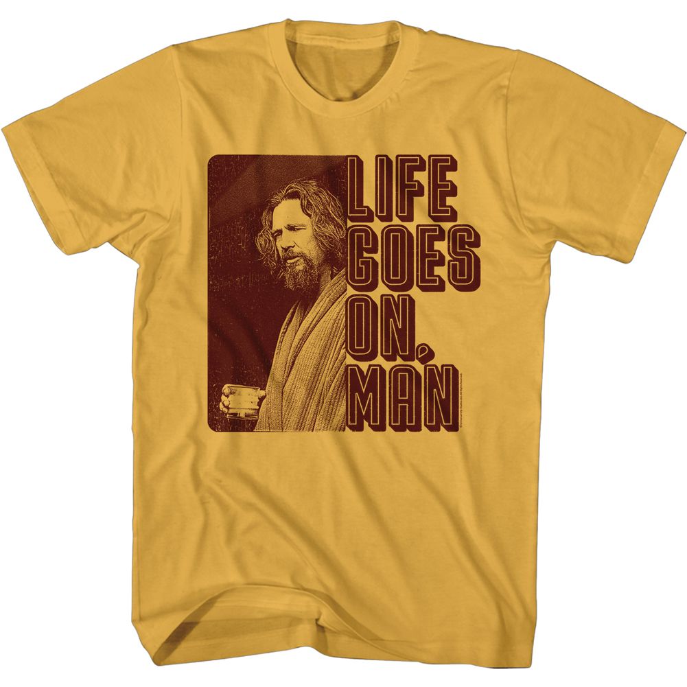 Ginger orange The Big Lebowski t-shirt featuring Life Goes On Man quote from The Big Lebowski