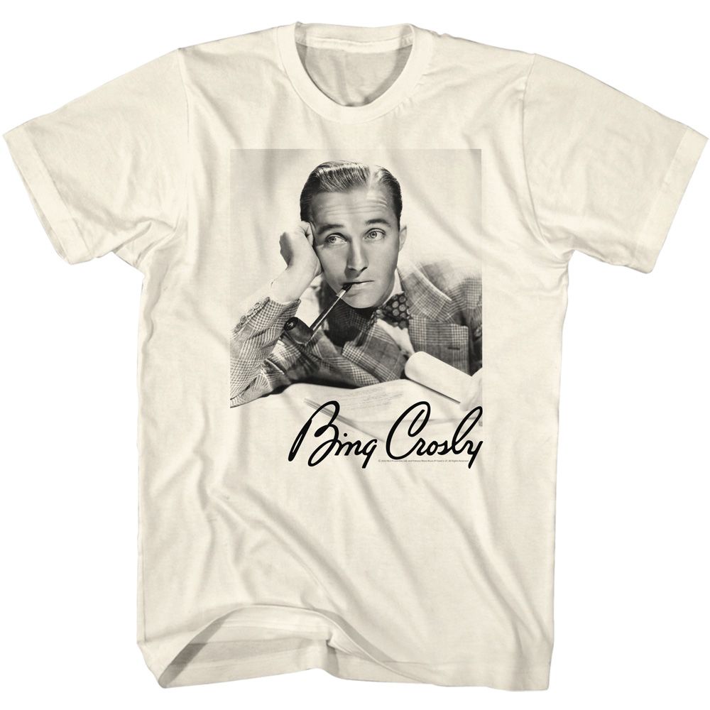 Natural Bing Crosby t-shirt featuring Bing Crosby leaning with pipe signature design
