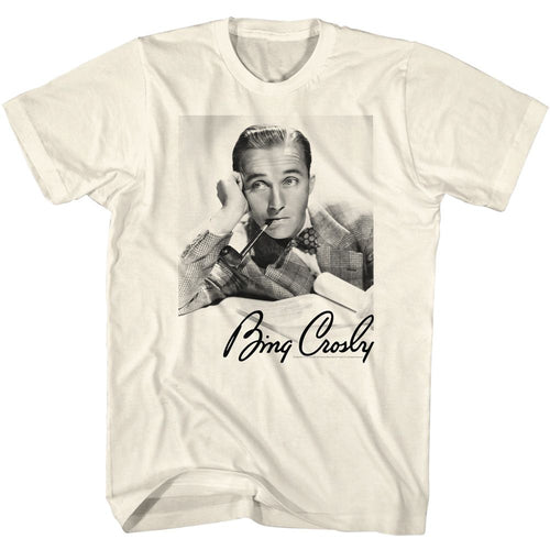 Natural Bing Crosby t-shirt featuring Bing Crosby leaning with pipe signature design