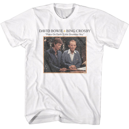 White Bing Crosby t-shirt featuring Bing Crosby and David Bowie duet 1977 design