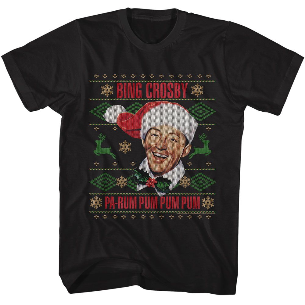 Black Bing Crosby t-shirt featuring Bing Crosby Christmas Sweater holiday design