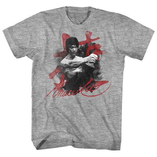 Gray heather Bruce Lee t-shirt featuring Bruce Lee Wha-taaa kiai martial arts shout design