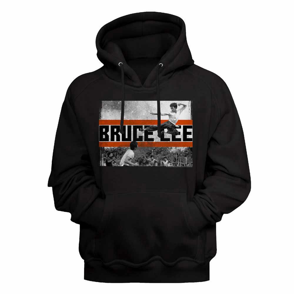 Black Bruce Lee pullover hoodie featuring a Fly Kick design
