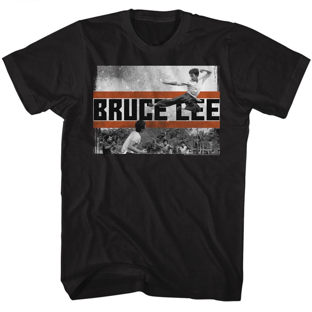 Black Bruce Lee t-shirt featuring Bruce Lee Flying Kick jumping kick design