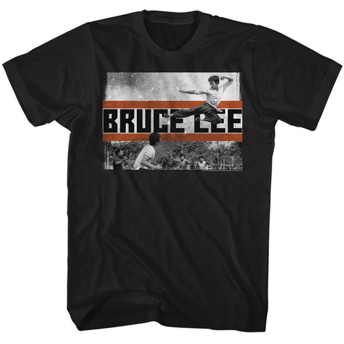 Black Bruce Lee t-shirt featuring Bruce Lee Flying Kick jumping kick design