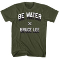 Military green Bruce Lee t-shirt featuring Bruce Lee Be Water philosophy design