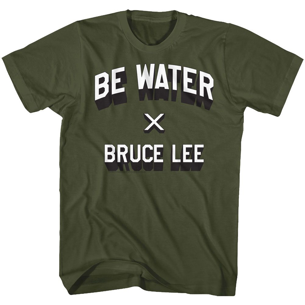 Military green Bruce Lee t-shirt featuring Bruce Lee Be Water philosophy design